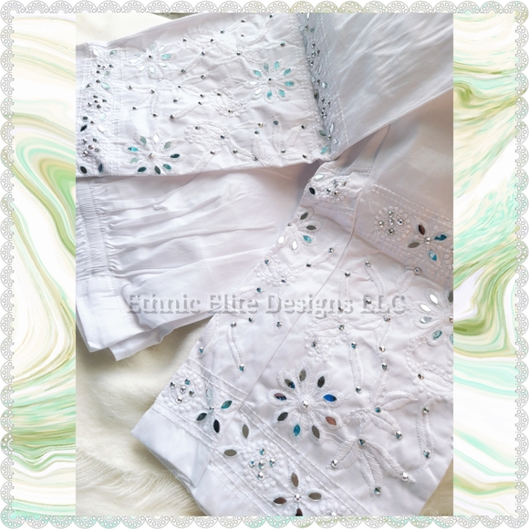 New White mirrorwork embroidered chikankari ankle length pant - Picture 3 of 8